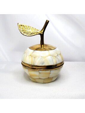Mother Of Pearl and Brass Decorative Apple Trinket Box Lid And Leaf Accent